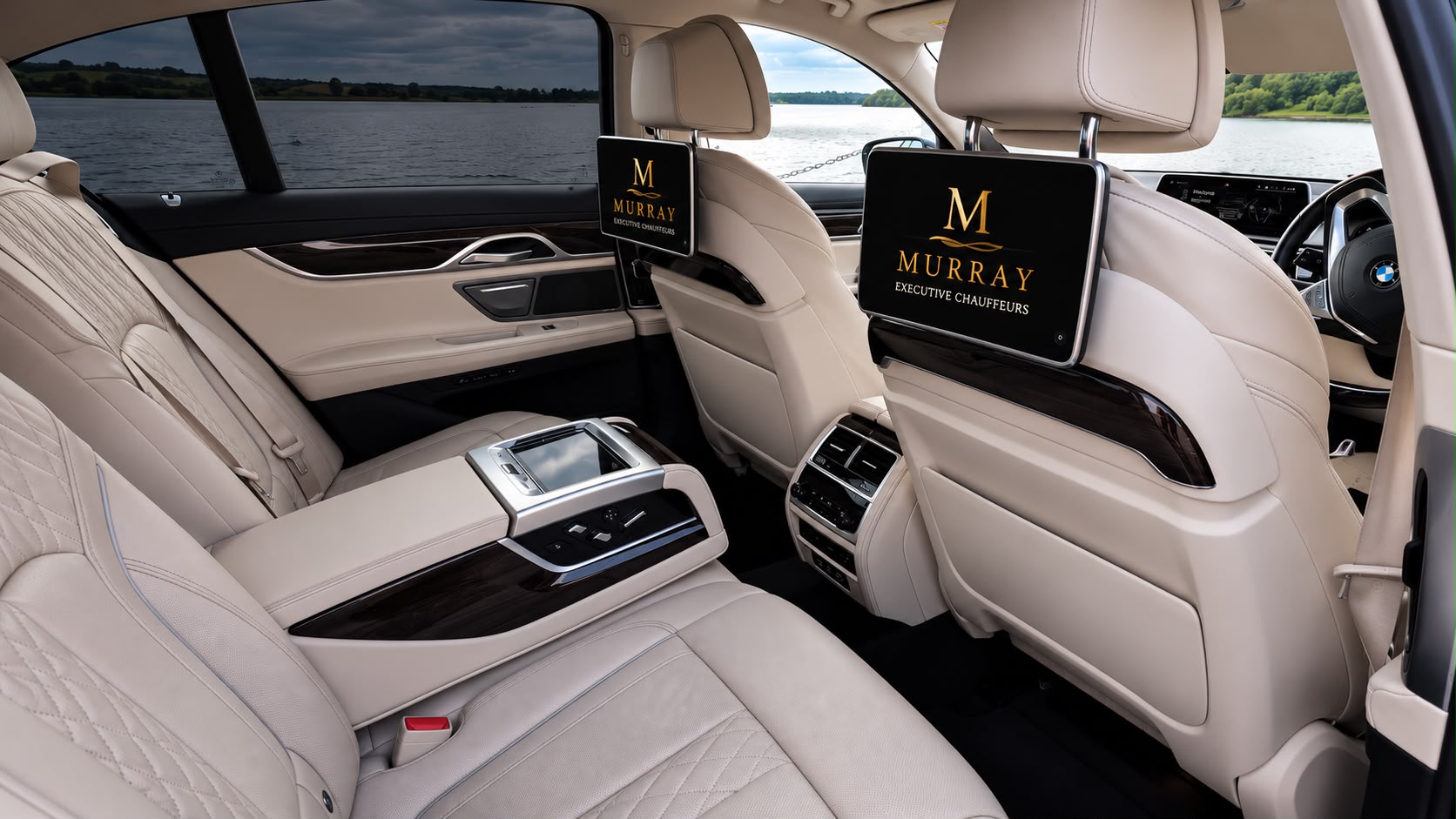 BMW 7 Series ivory leather rear cabin with entertainment screens